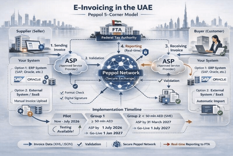UAE eInvoicing Peppol 5-corner model — invoice flow between supplier, ASPs, the Peppol network and the FTA